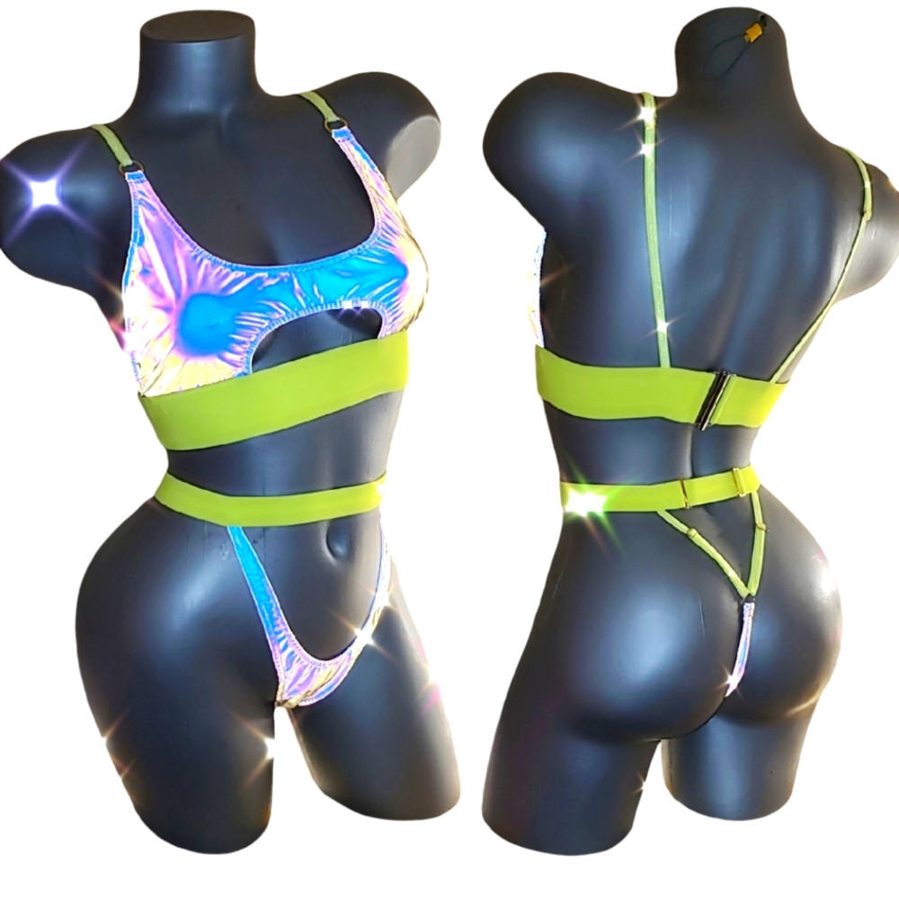 Luxury one of a kind Stripper Dance outfit set, reflective & neon yellow bands